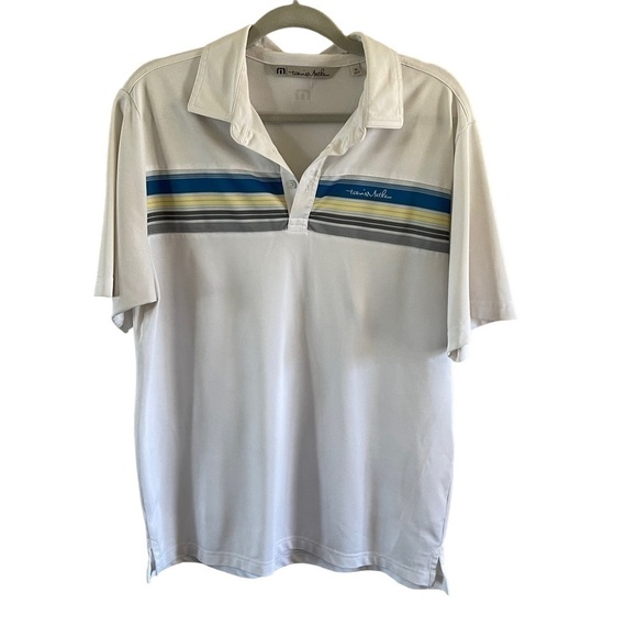 Travis Mathew Polo Shirt Mens Medium white stripes Golf Sporty  Light - Picture 1 of 10